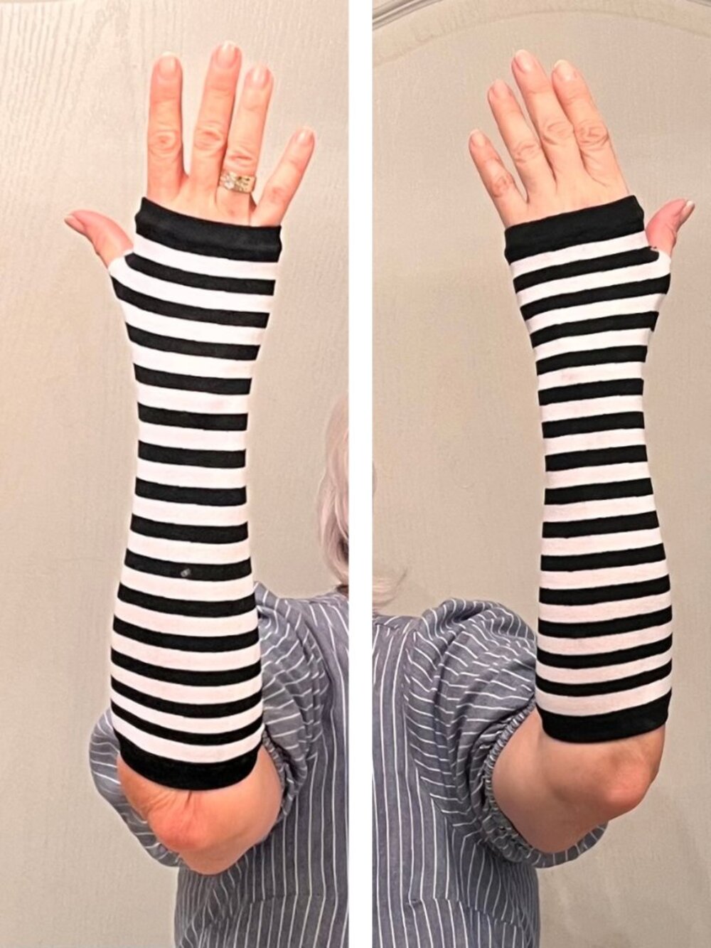 Black White Striped Fingerless Sleeves Mime Costume Halloween Cosplay